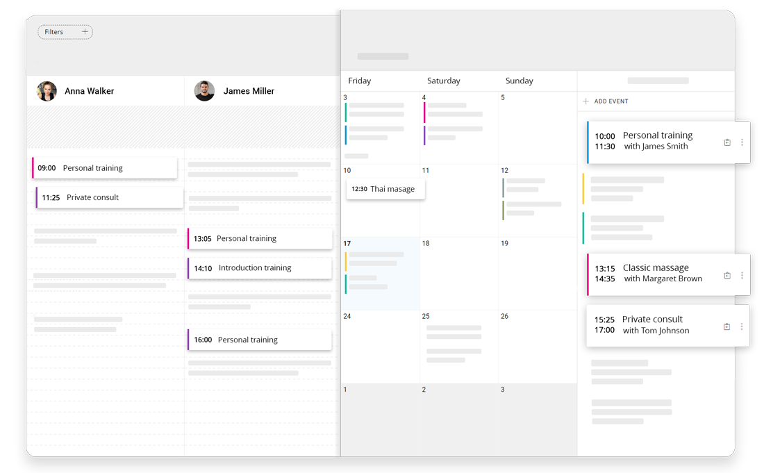 Personal training calendar in Fitssey