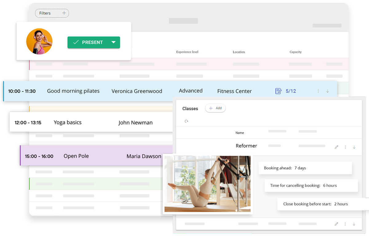 Fitssey admin panel with class schedule and attendance list