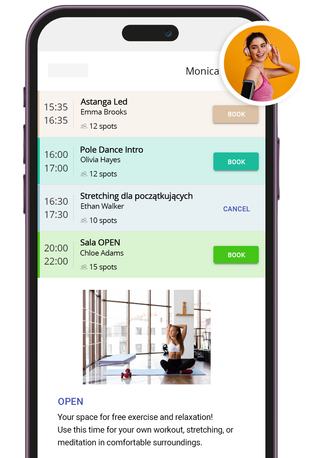 Class schedule in the mobile app with session details and booking or cancellation options