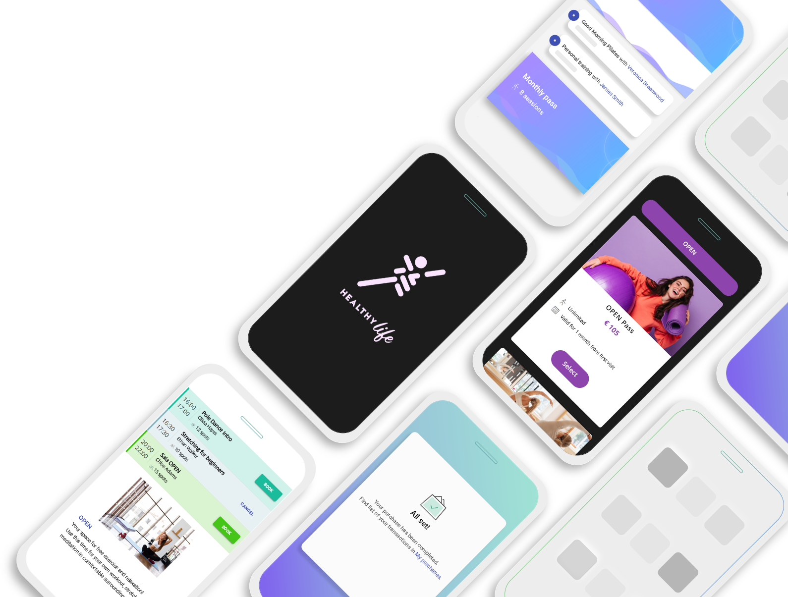 Sample mobile app screens with custom visual design and brand color scheme